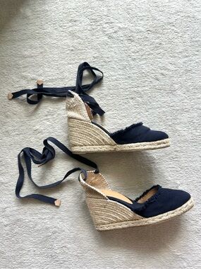 Castaner Carina Canvas Navy Espadrille Lace-Up Wedge Sandals 9